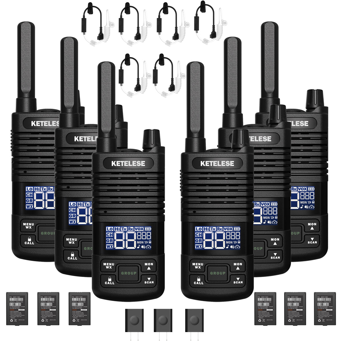 T1 FRS Walkie Talkies with Earpiece-6 Pack Black