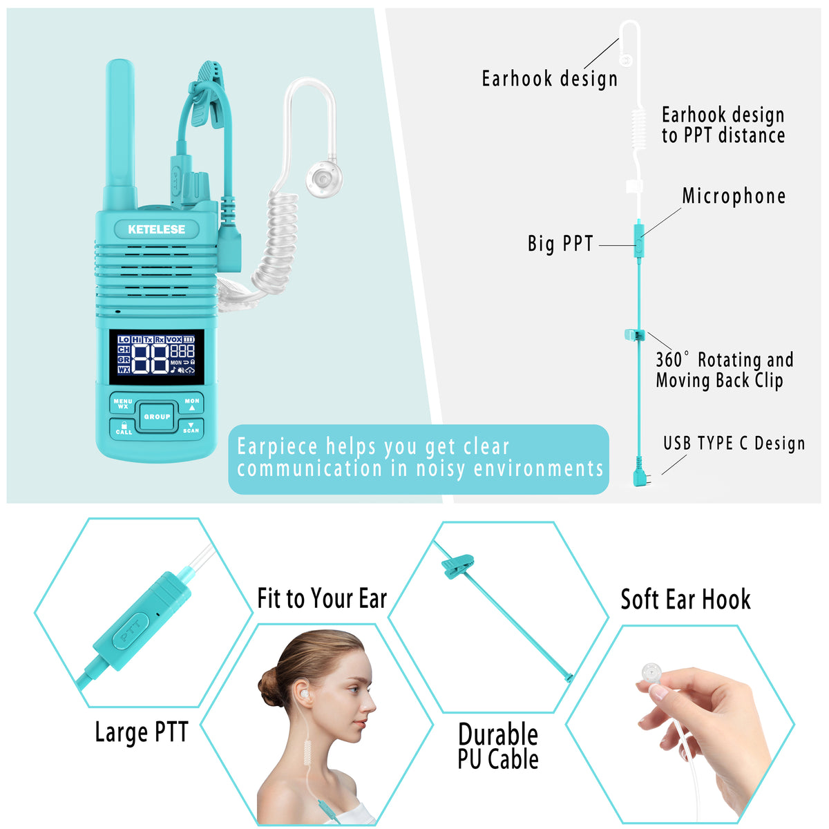 T1 FRS Walkie Talkies with Earpiece-2 Pack Blue