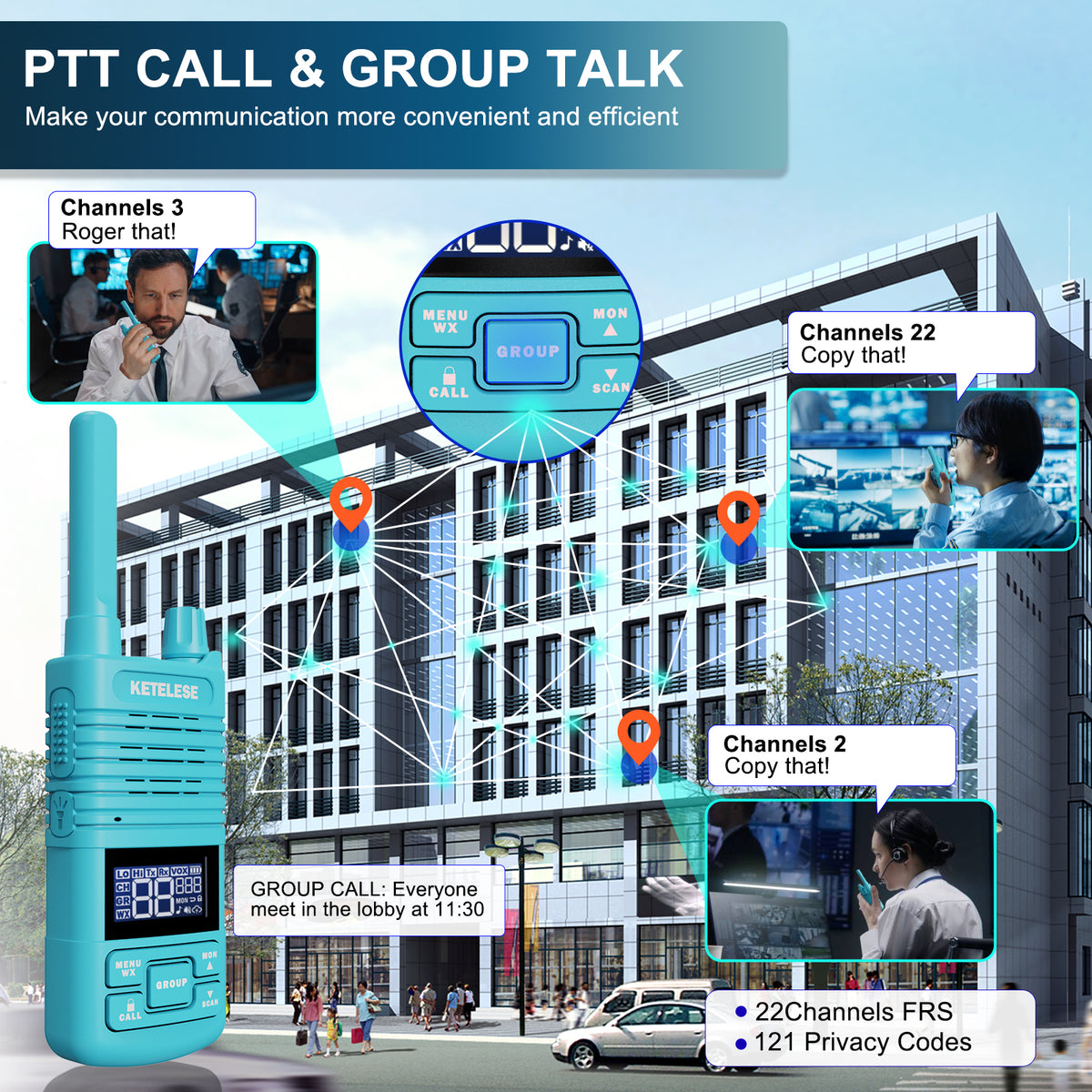 T1 FRS Walkie Talkies with Earpiece-2 Pack Blue