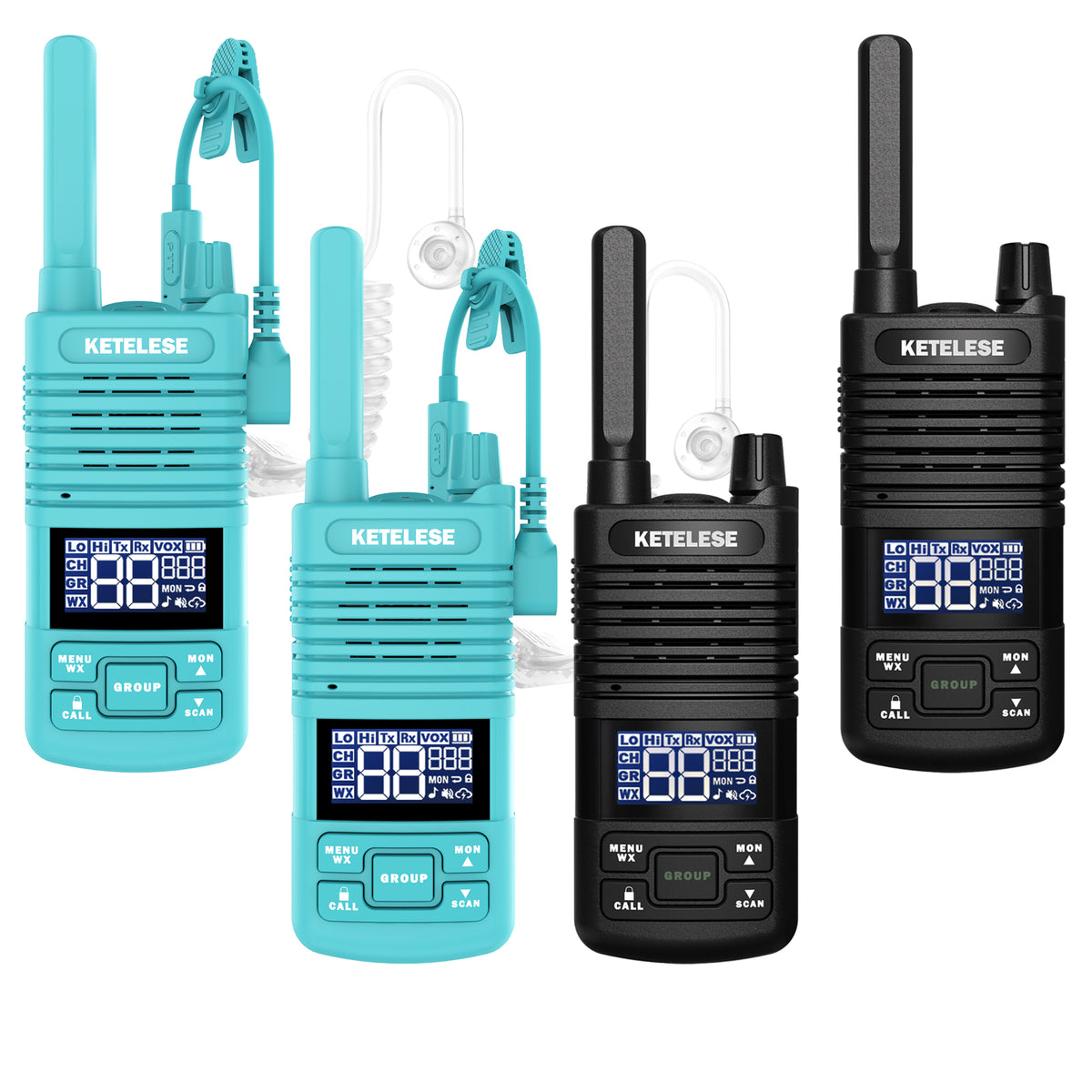 T1 FRS Walkie Talkies with Earpiece-4 Pack Black/Blue