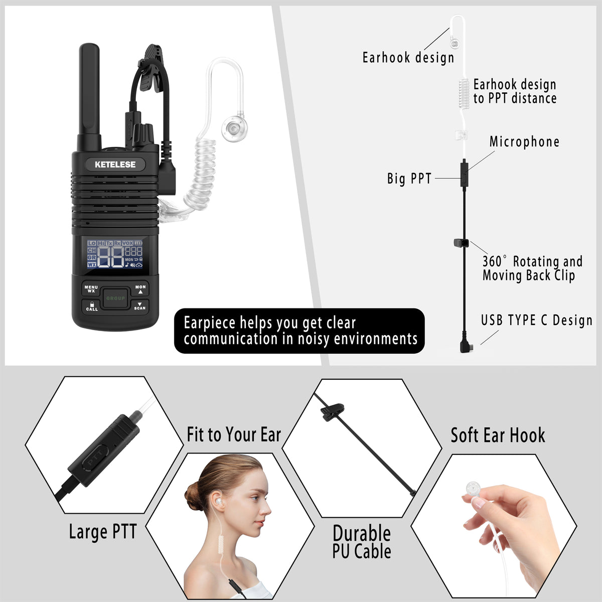 T1 FRS Walkie Talkies with Earpiece-2 Pack Black